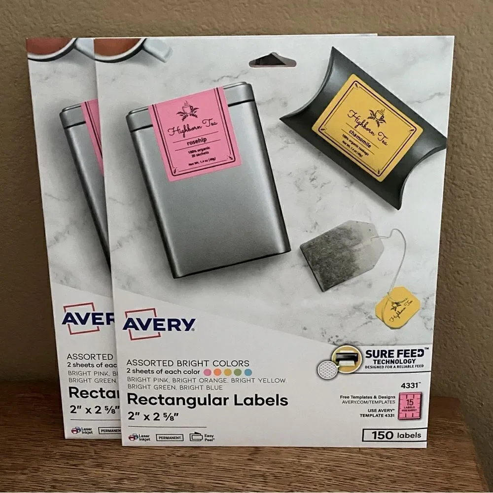 NWT New 300 Avery Rectangular Labels w/Sure Feed Bright Colors 4331, 2